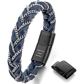 سوار مضفر من الجلد للرجال من Murtoo، أساور جلدية متينة للرجال مع سلسلة فولاذية، هدية أنيقة للرجال (أزرق، فضي، 7.5 بوصة) in Kuwait