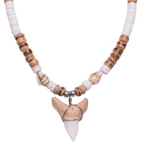 BlueRica Shark Tooth on Puka & Tiger Brown Coconut Shell Beads Necklace (18" 4L)