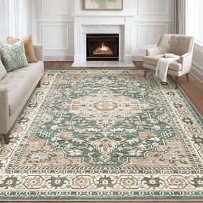 9x12 Area Rug Living Room Rugs: Large Soft Machine Washable Boho Vintage Stain Resistant Floral Bedroom Rug Neutral Farmhouse Low Pile Distressed Carpet for Dorm Nursery Dining Room Office- Beige Blue