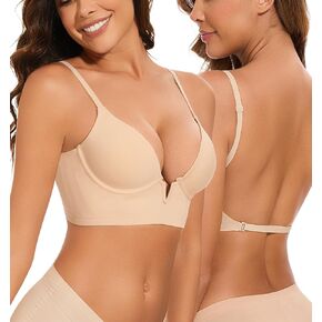 Deep V Neck Plunge Bra Low Back Bra Convertible Underwire Lifting Criss Cross Low Cut Backless Push Up Bras for Women