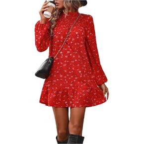 Floerns Women's Floral Print Long Sleeve Mock Neck Ruffle Hem Short Swing Shift Dresses