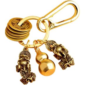 Brass Gourd Keychain, Feng Shui Luck Coins with Brass Calabash Wu and Pi Yao Charm Key Ring for Good Luck Wealth Prosperity Success Decor New Year