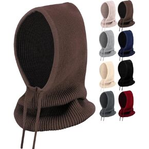 Peicees Hooded Scarf Hat Knit Balaclava for Women Men Winter Neck Gaiters Beanie Skull Cap Drawstring Neck Warmer Fashion