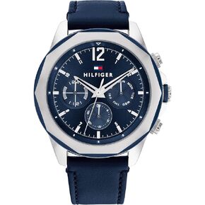 Tommy Hilfiger Men's Multifunction Stainless Steel Case and Leather Strap Watch, Color: Navy (Model: 1792063)