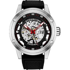 Stuhrling Original Mens Automatic Watch Skeleton Stainless Steel Self Winding Dress Watch with Rubber Strap 50MM