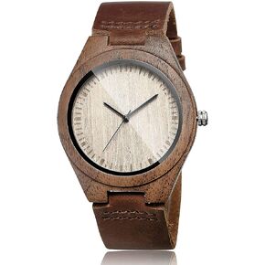 Men's Walnut Wood Cowhide Leather Strap Watch Wooden Case Analog Quartz Wristwatch for Dad Men Him