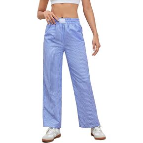 Floerns Women's Drawstring Front Elastic Waist Trousers Striped Straight Leg Pants