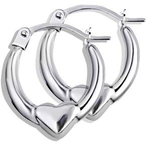 High Polish 14K White Gold Lightweight Reversible Heart Love Hoop Earrings for Women, 14mm Diameter