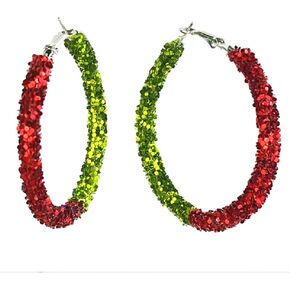 Glitter Hoop Earrings Shiny Red Green Resin Sequins Round Christmas Hoop Earrings Sparkle Rhinestone Wrapped Hoop Dangle Earrings for Women Holiday Jewelry