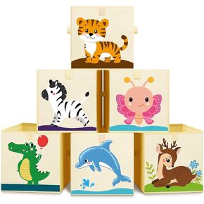 6 Pcs Collapsible Cube Storage Bins Kids Foldable Storage Cube Organizer Fabric Toy Box Decorative Kids Storage with Handles for Home Nursery Bedroom, 10.6 x 10.6 Inch (Animal)
