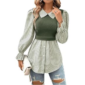 Floerns Women's Striped Button Down Shirts Colorblock Flare Long Sleeve Office Blouses Tops