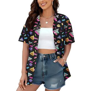 PECHAR 80s 90s Hawaiian Shirt for Women Retro Party Disco Neon Outfits 80s Clothing Button Down Blouses