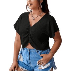 MakeMeChic Women's Plus Size Ruched Front Short Sleeve Shirts Casual V Neck Crop Top Blouse