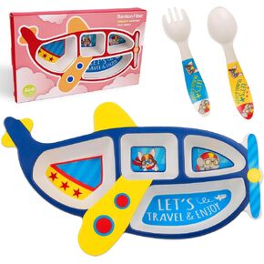 Kids Dinnerware Set, Divided Plate and Spoon & Fork & Cup BPA Free Eco-Friendly Food Level Dinnerware Toddler Snack Meal Plate Feeding Picky Eater Boys and Girls (Butterfly)