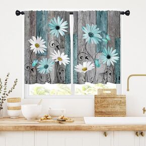Teal Floral Kitchen Window Curtain Panels Short Small Cafe Mini White Flowers Rustic Abstract Flower Drapes Rod Pocket 27.5x39 Inches Bedroom Curtain Set for Living Room Bathroom Kitchen Decor
