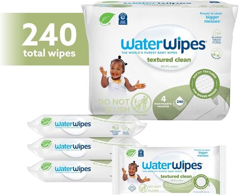 WaterWipes Sensitive+ Baby & Toddler Wipes, 3-In-1 Cleans, Cares, Protects, 99.9% Water, Textured Clean, Unscented & Hypoallergenic, 240 Count (4 Packs) in Saudi Arabia