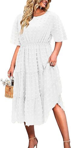 IN'VOLAND Womens Plus Size Swiss Dot Dress Chiffon Short Sleeve High Waist A Line Ruffle Tiered Babydoll Midi Dress in Kuwait