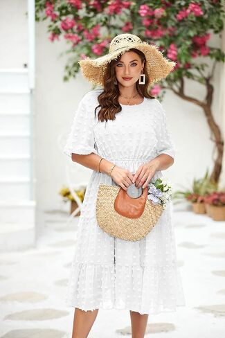 IN'VOLAND Womens Plus Size Swiss Dot Dress Chiffon Short Sleeve High Waist A Line Ruffle Tiered Babydoll Midi Dress in Kuwait