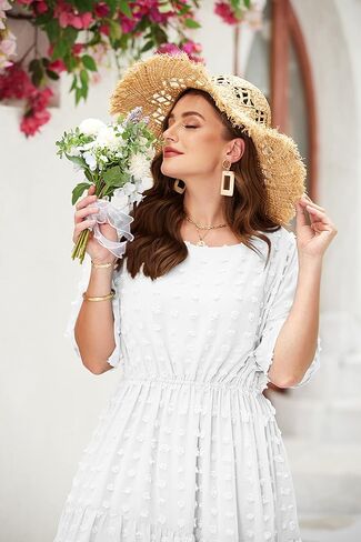 IN'VOLAND Womens Plus Size Swiss Dot Dress Chiffon Short Sleeve High Waist A Line Ruffle Tiered Babydoll Midi Dress in Kuwait