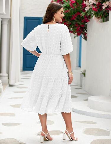 IN'VOLAND Womens Plus Size Swiss Dot Dress Chiffon Short Sleeve High Waist A Line Ruffle Tiered Babydoll Midi Dress in Kuwait