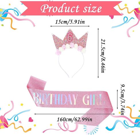 Birthday Decorations Headband Glitter Crown Flower Princess Hairband Tiara Hair Accessory Hair Hoop Rose Gold Sash Cute Hair Band Clip for Party Take Photos Decorations (6th Headband) in Saudi Arabia