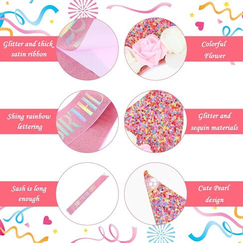 Birthday Decorations Headband Glitter Crown Flower Princess Hairband Tiara Hair Accessory Hair Hoop Rose Gold Sash Cute Hair Band Clip for Party Take Photos Decorations (6th Headband) in Saudi Arabia