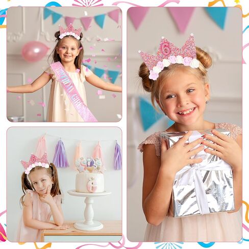 Birthday Decorations Headband Glitter Crown Flower Princess Hairband Tiara Hair Accessory Hair Hoop Rose Gold Sash Cute Hair Band Clip for Party Take Photos Decorations (6th Headband) in Saudi Arabia