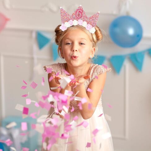 Birthday Decorations Headband Glitter Crown Flower Princess Hairband Tiara Hair Accessory Hair Hoop Rose Gold Sash Cute Hair Band Clip for Party Take Photos Decorations (6th Headband) in Saudi Arabia