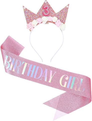 Birthday Decorations Headband Glitter Crown Flower Princess Hairband Tiara Hair Accessory Hair Hoop Rose Gold Sash Cute Hair Band Clip for Party Take Photos Decorations (6th Headband) in Saudi Arabia