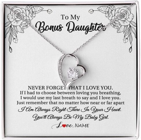 Personalized To My Bonus Daughter Necklace from Stepmom Stepdad I Will Always Love You Stepdaughter Jewelry Birthday Wedding Christmas Customized Message Card in Saudi Arabia