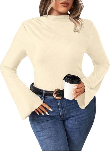 SOLY HUX Women's Plus Size T Shirts Mock Neck Bell Long Sleeve Ruched Tee Tops in Saudi Arabia