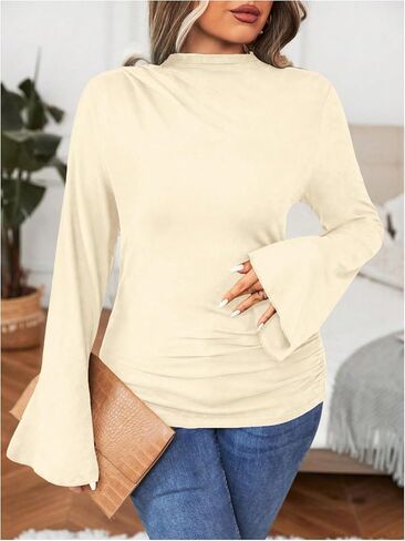 SOLY HUX Women's Plus Size T Shirts Mock Neck Bell Long Sleeve Ruched Tee Tops in Saudi Arabia