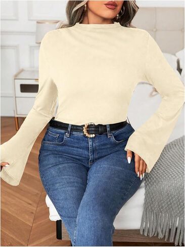 SOLY HUX Women's Plus Size T Shirts Mock Neck Bell Long Sleeve Ruched Tee Tops in Saudi Arabia