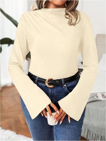 SOLY HUX Women's Plus Size T Shirts Mock Neck Bell Long Sleeve Ruched Tee Tops in Saudi Arabia