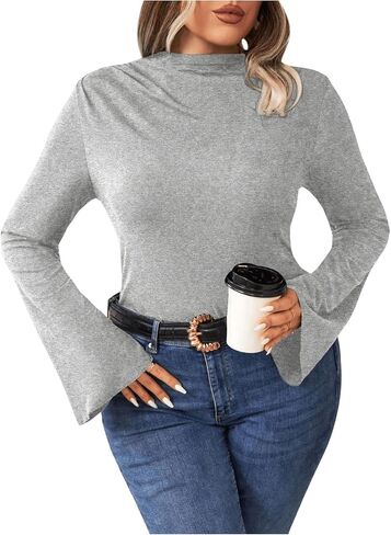 SOLY HUX Women's Plus Size T Shirts Mock Neck Bell Long Sleeve Ruched Tee Tops in Saudi Arabia