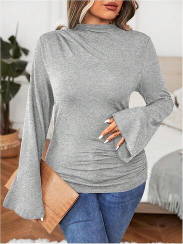 SOLY HUX Women's Plus Size T Shirts Mock Neck Bell Long Sleeve Ruched Tee Tops in Saudi Arabia