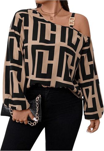 MakeMeChic Women's Plus Size Graphic Print One Shoulder Blouses Long Sleeve Tops in Saudi Arabia