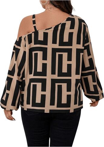 MakeMeChic Women's Plus Size Graphic Print One Shoulder Blouses Long Sleeve Tops in Saudi Arabia