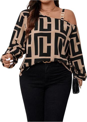 MakeMeChic Women's Plus Size Graphic Print One Shoulder Blouses Long Sleeve Tops in Saudi Arabia