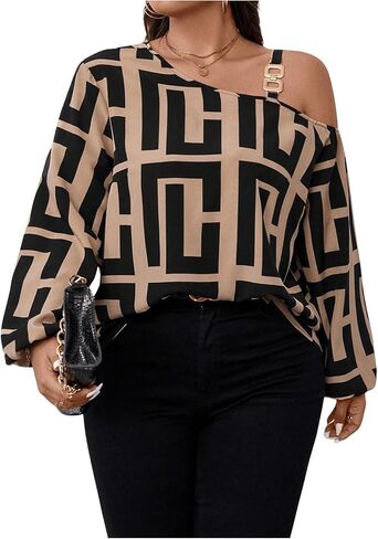 MakeMeChic Women's Plus Size Graphic Print One Shoulder Blouses Long Sleeve Tops in Saudi Arabia