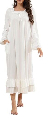 Women's Victorian Nightgown Soft Cotton Sleepwear Long Sleeve Princess Nightdress with Pockets in Saudi Arabia