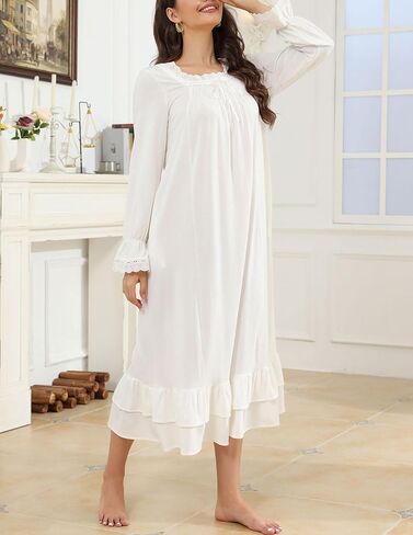 Women's Victorian Nightgown Soft Cotton Sleepwear Long Sleeve Princess Nightdress with Pockets in Saudi Arabia