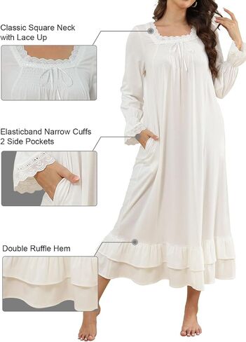 Women's Victorian Nightgown Soft Cotton Sleepwear Long Sleeve Princess Nightdress with Pockets in Saudi Arabia