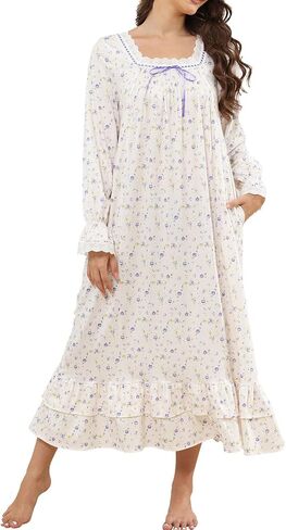 Women's Victorian Nightgown Soft Cotton Sleepwear Long Sleeve Princess Nightdress with Pockets in Saudi Arabia