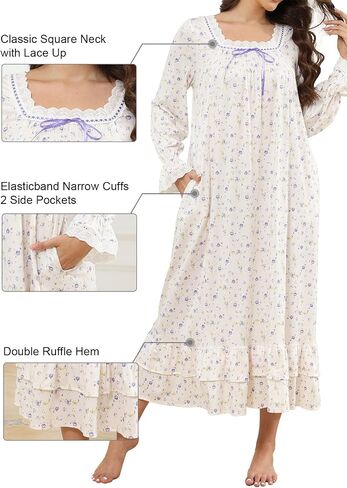 Women's Victorian Nightgown Soft Cotton Sleepwear Long Sleeve Princess Nightdress with Pockets in Saudi Arabia