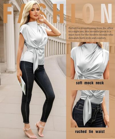 VIDUSSA Womens Dressy Casual Tops - Silk Satin Work Blouse Mock Neck Cap Sleeve Ruched Tie Front Peplum Tunic Shirts in Kuwait