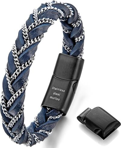 سوار مضفر من الجلد للرجال من Murtoo، أساور جلدية متينة للرجال مع سلسلة فولاذية، هدية أنيقة للرجال (أزرق، فضي، 7.5 بوصة) in Kuwait