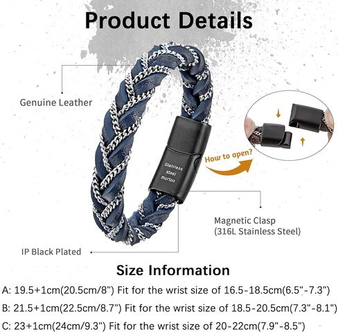 سوار مضفر من الجلد للرجال من Murtoo، أساور جلدية متينة للرجال مع سلسلة فولاذية، هدية أنيقة للرجال (أزرق، فضي، 7.5 بوصة) in Kuwait
