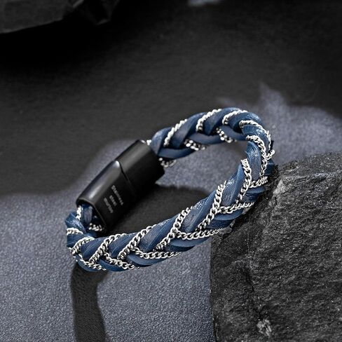 سوار مضفر من الجلد للرجال من Murtoo، أساور جلدية متينة للرجال مع سلسلة فولاذية، هدية أنيقة للرجال (أزرق، فضي، 7.5 بوصة) in Kuwait