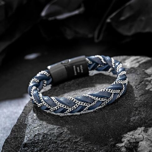سوار مضفر من الجلد للرجال من Murtoo، أساور جلدية متينة للرجال مع سلسلة فولاذية، هدية أنيقة للرجال (أزرق، فضي، 7.5 بوصة) in Kuwait
